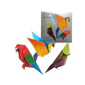 以下が含まれることがあります： 赤、緑、青、黄色の折り紙のオウム。 折り紙の鳥は、「折り紙」と書かれ、オウムの種類がリストされた箱と一緒に展示されています。 鳥は白い背景に配置されています。