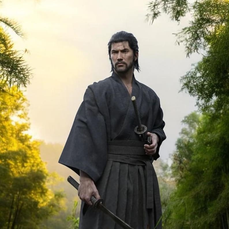 May include: A person in a black traditional Japanese outfit, holding two katanas. The person is standing in a forest setting, with a serious expression. The outfit includes a kimono and hakama, with a katana at the waist.