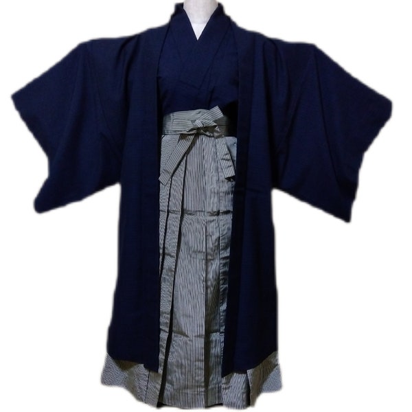 Samurai kimono full set for men / kimono, haori jacket, hakama pants, heko obi , and inner kimono