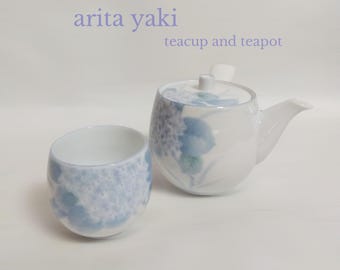 Japanese porcelain teacup and teapot, yunomi / arita yaki