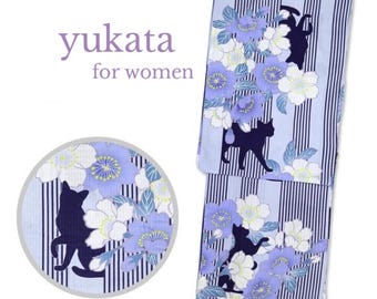 May include: A blue and white striped yukata with a floral and cat design. The yukata features a repeating pattern of dark blue cat silhouettes and light purple and white flowers. The text "yukata for women" is visible in the upper left corner.