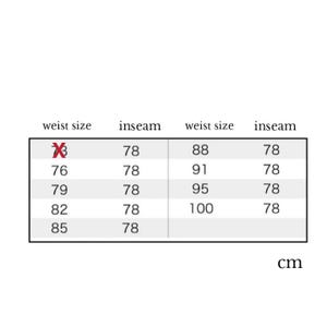 May include: A white table with a black border displays a size chart for trousers. The chart lists waist sizes from 76 to 100 cm and inseam measurements of 78 cm. The unit of measurement, cm, is displayed at the bottom right.