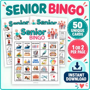 May include: A Senior Bingo game set featuring 50 unique cards with illustrations of activities like gardening, playing pickleball, and watching movies. The cards include text labels for each activity, a free space, and a title reading Senior Bingo.
