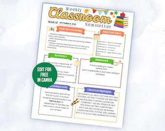 Weekly Classroom Newsletter Template, Editable Teacher Newsletter, Weekly School Newsletter, Preschool Daycare Newsletter, Canva Template