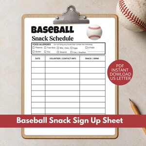 Könnte beinhalten: Ein Baseball-Snack-Plan auf einem hölzernen Klemmbrett mit Metallclip. Das Blatt enthält den Text BASEBALL Snack Schedule, eine Baseball-Grafik sowie eine Tabelle für Datum, Kontaktinformationen der Freiwilligen und Angaben zu Snacks und Getränken.