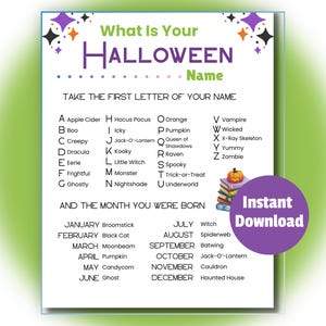 What Is Your Halloween Name Game, Printable Spooky Name Generator, October Activity, Kids Halloween Game, Teen Halloween Party, Family Party