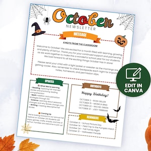Puede incluir: Una plantilla de boletín informativo de octubre con gráficos temáticos de Halloween como un sombrero de bruja, una araña y una calabaza. El documento incluye secciones para mensajes, actualizaciones, cumpleaños y recordatorios en texto.