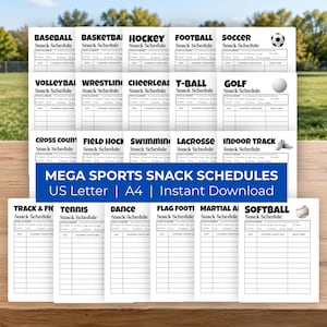 Peut inclure: Une collection de modèles de planning de collations imprimables pour divers sports, notamment le baseball, le basket-ball, le hockey, le football, le volley-ball, la lutte, le cheerleading, le golf, la natation, la crosse, le tennis, la danse et le softball.