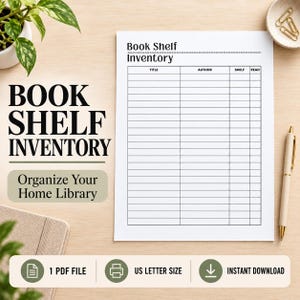 May include: A white paper sheet titled Book Shelf Inventory with columns for Title, Author, Shelf, and Read. The text Book Shelf Inventory and Organize Your Home Library appear on the left. Includes icons for PDF, US Letter size, and download.