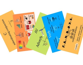 May include: A collection of colorful flashcards with grammar concepts. The cards are in orange, green, and blue, with text and diagrams illustrating parts of speech, sentence structure, and conjunctions. The cards are arranged on a white background.