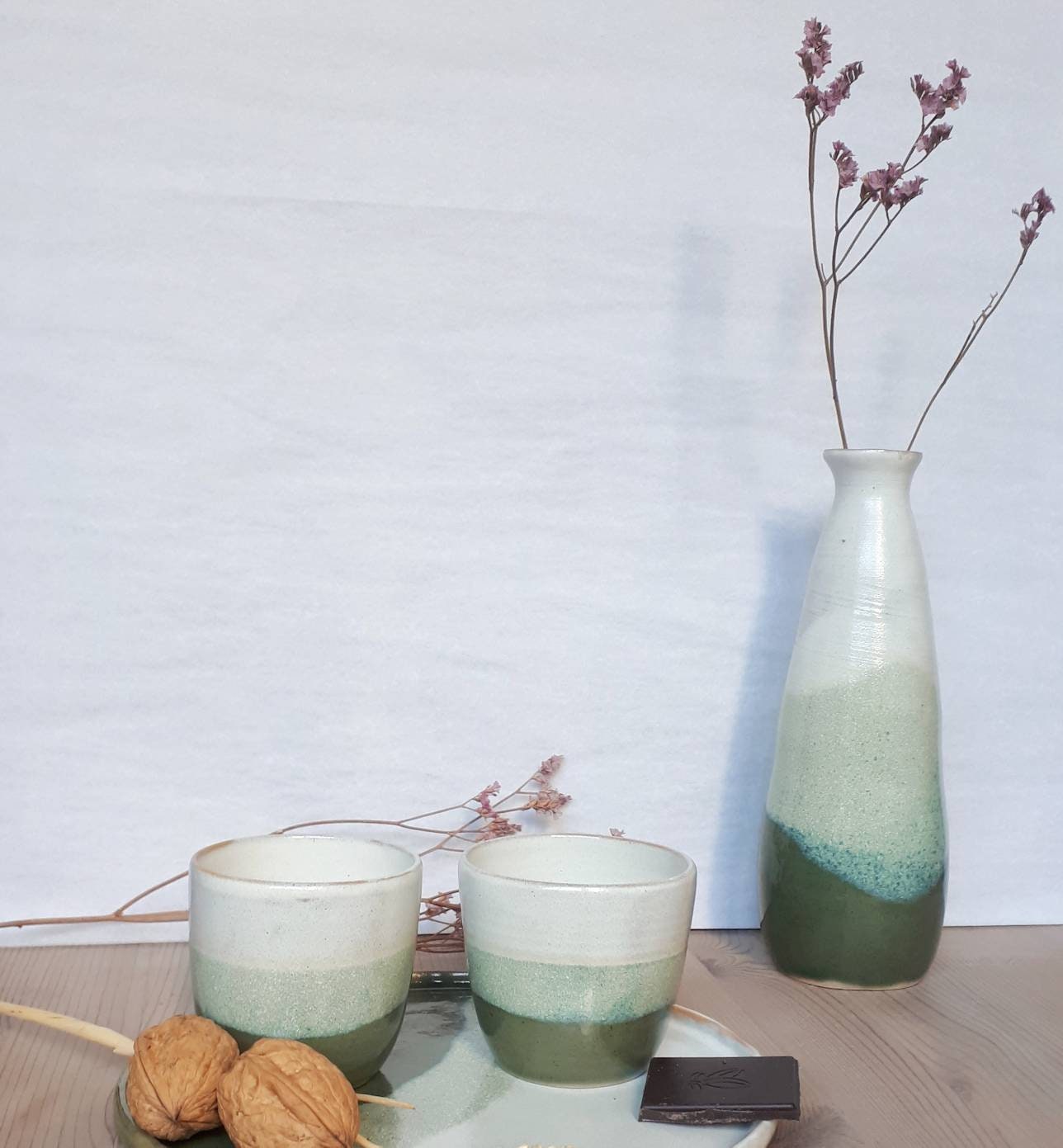 Vase Soliflore en Grès Printemps, Vert et Crème