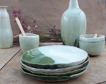 Small stoneware plate, spring design, green and cream