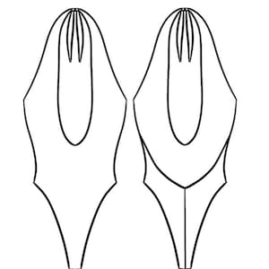 May include: A black and white line drawing of a swimsuit with a halter neck and a high leg cut. The swimsuit is shown from the front and back.