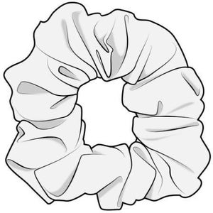 May include: A white scrunchie made of fabric, with a gathered, ruffled design.