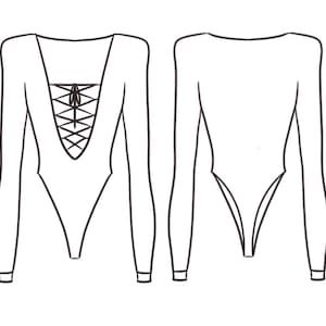 Op de afbeelding: Een zwart-witte lijntekening van een langarmige body met een vetersluiting bij de halslijn. De voor- en achterkant van de body worden getoond.