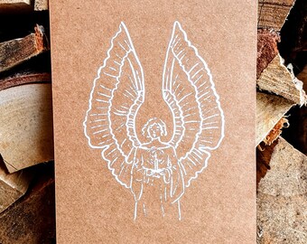 Screen print 'angel of light' A5 | screen printed Christmas card | red, green, black, brown