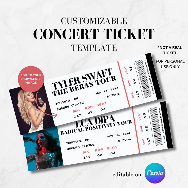 Editable Concert Ticket Template Stub for Custom Birthday Gifts and ...