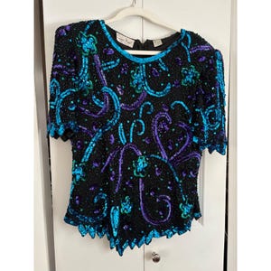 Lawrence Kazar Vintage Beaded Sequin Top Jewel Tones Size Large