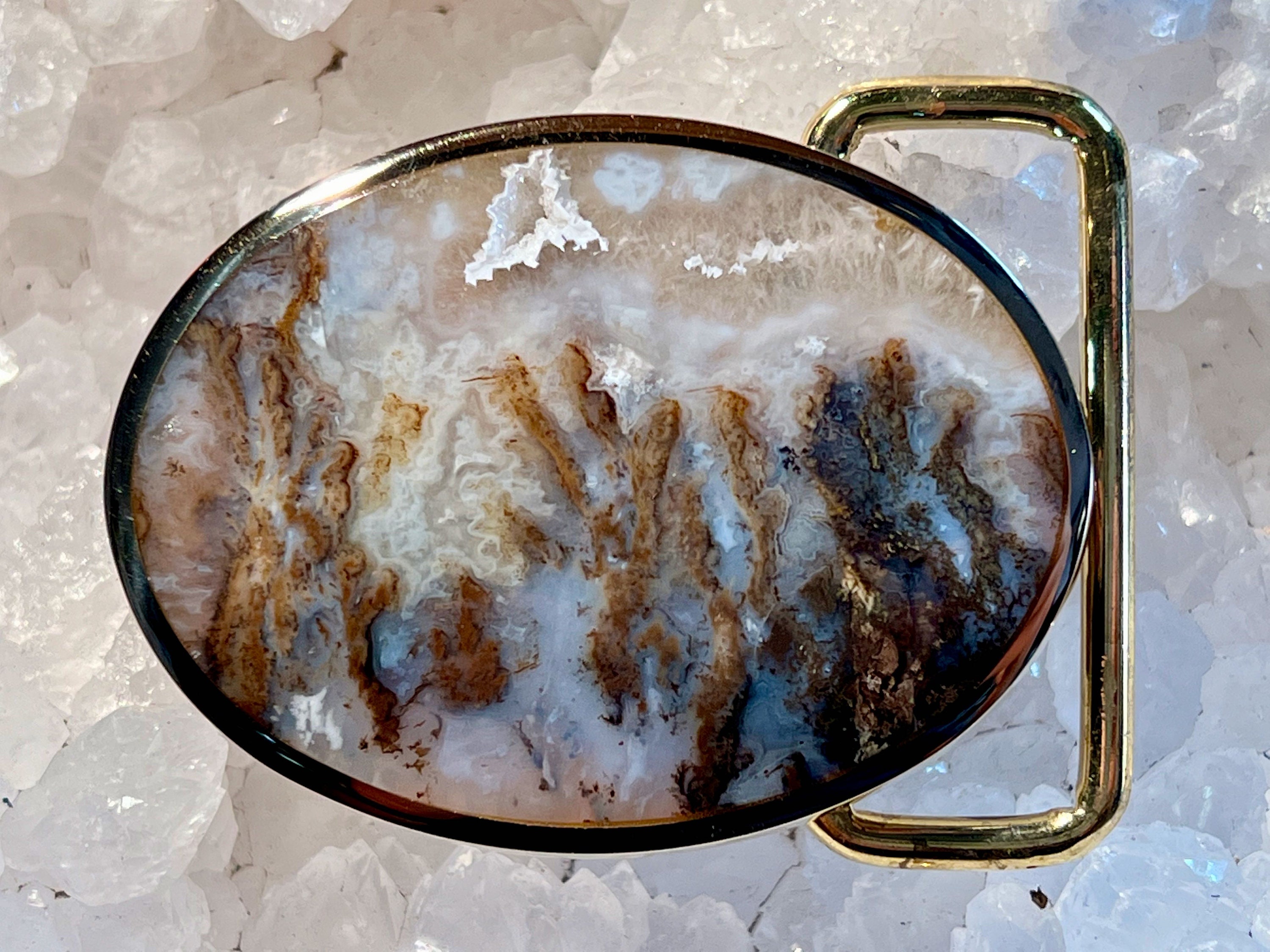 Brass Belt Buckle W/ Inlayed Graveyard Plume Agate Cabochon Etsy