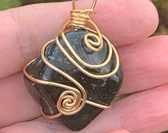 Forest green chunky stone pendant, gold wire wrapped.