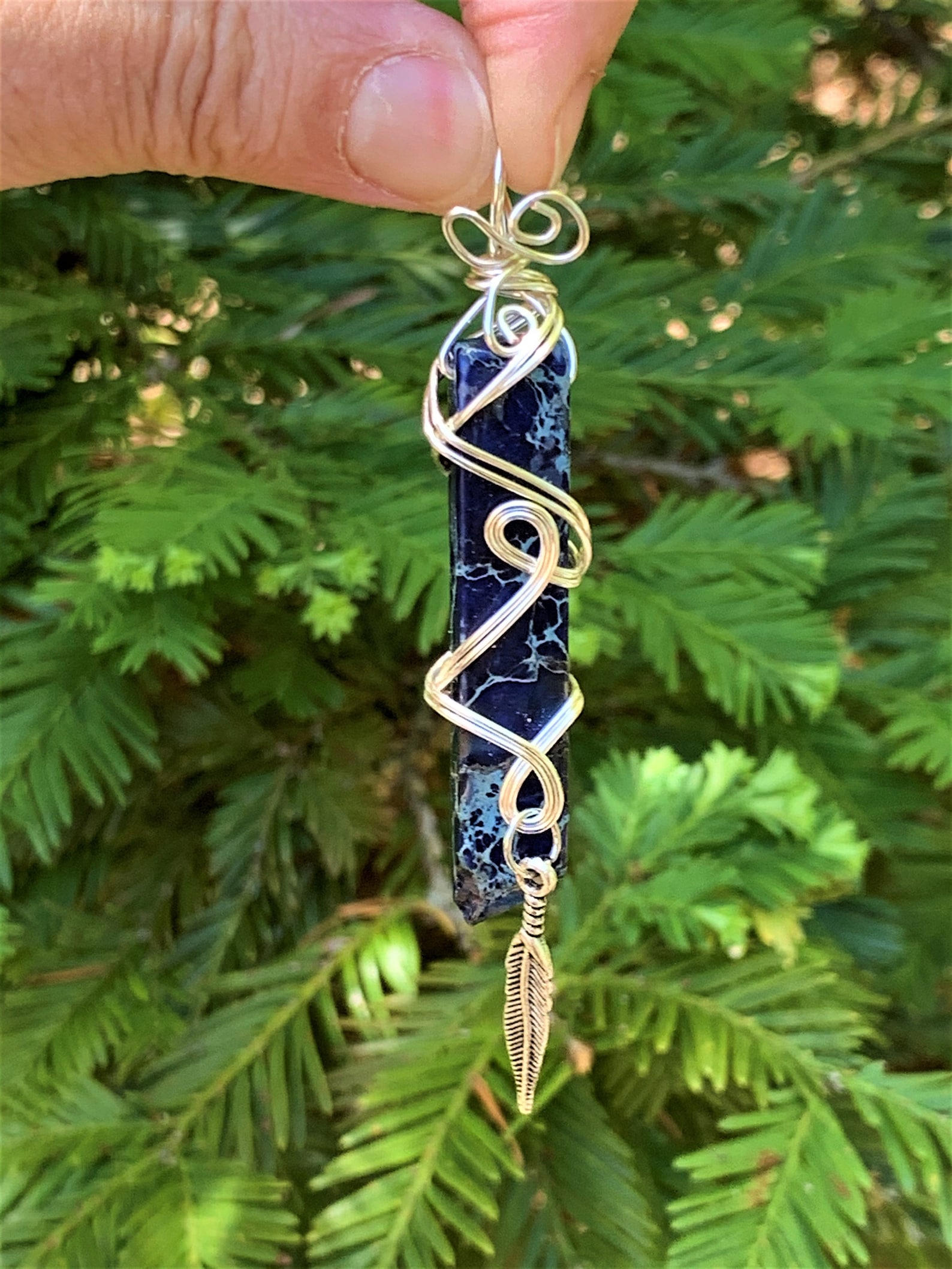 Navy Blue Stone Pendant With Silver Wire Wrap. Etsy