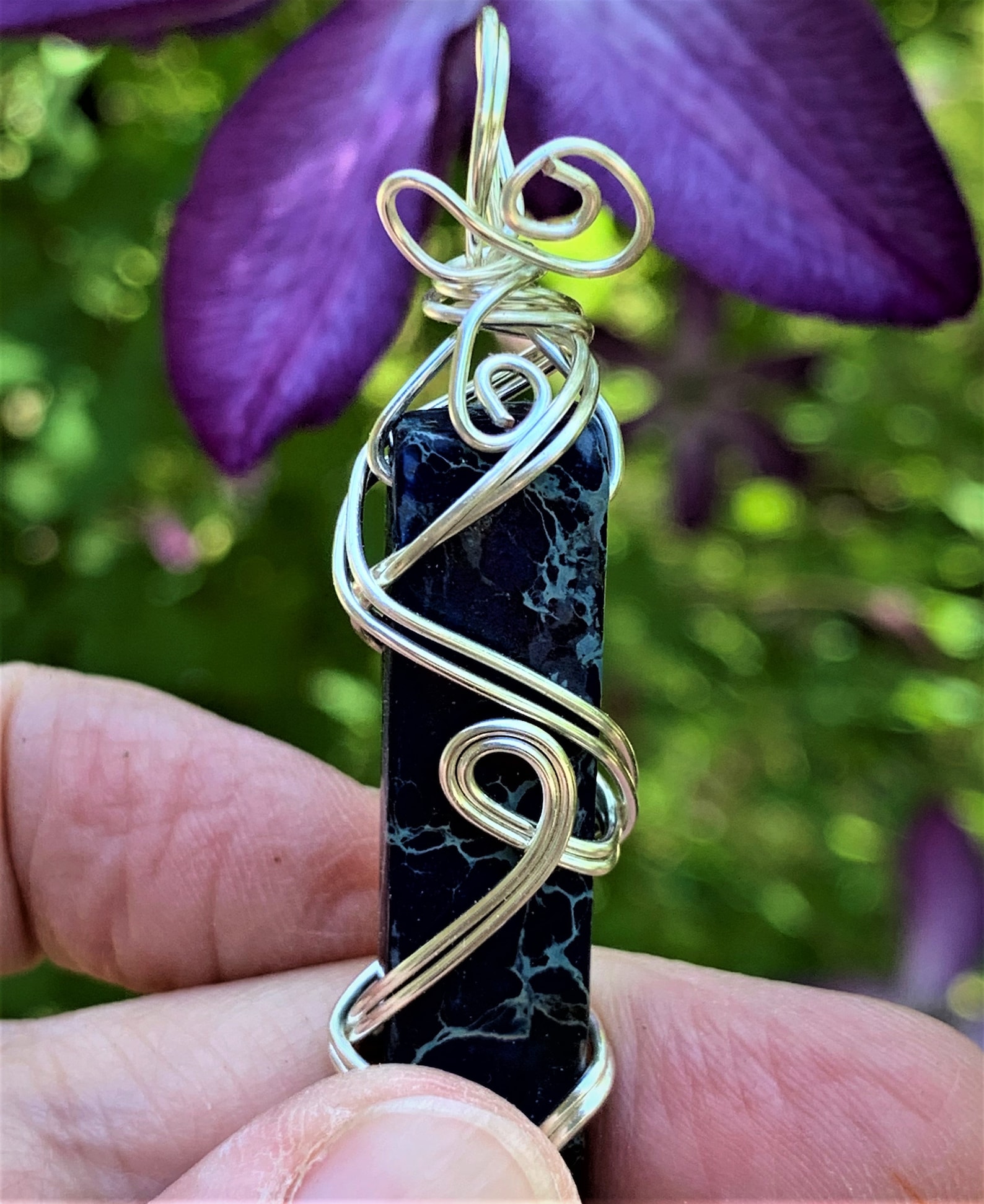 Navy Blue Stone Pendant With Silver Wire Wrap. Etsy