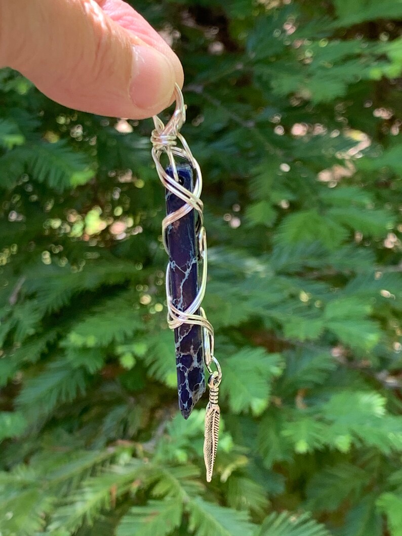 Navy Blue Stone Pendant With Silver Wire Wrap. Etsy