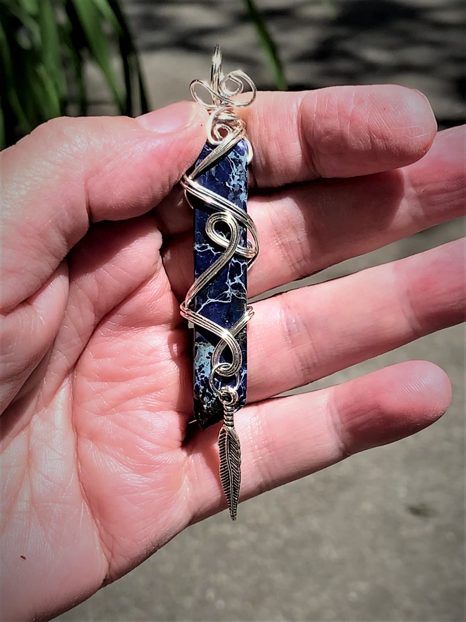 Navy Blue Stone Pendant With Silver Wire Wrap. Etsy