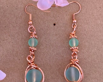 Green sea glass and copper earrings, wire wrapped copper earrings