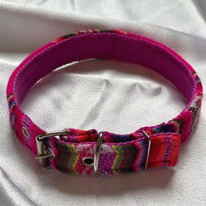 May include: A pink and multi-colored dog collar with a silver buckle. The collar is made of woven fabric and has a bright pink lining.