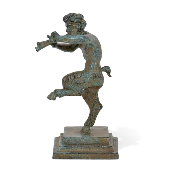 Faun with the Flauts, Greek Statue of a Satyr h 4,5 inch (11.5cm) Green Bronze, Figurine of Pan - Bronze reproduction, Handmade in Italy