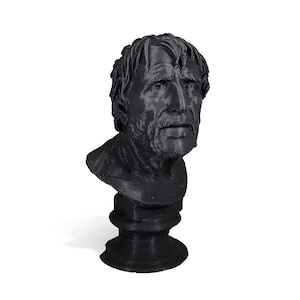 Op de afbeelding: Een zwart 3D-geprint bustebeeld van een man met een gedetailleerd gezicht en kort haar. De buste staat op een ronde basis.