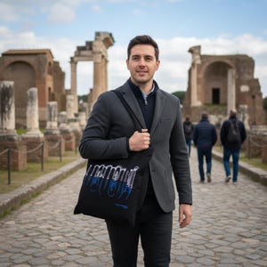 Può includere: Una borsa tote nera con un design architettonico blu e bianco è portata da una persona. La borsa ha una tracolla e il design sembra essere un'illustrazione stilizzata di colonne. La persona sta camminando su un sentiero acciottolato.