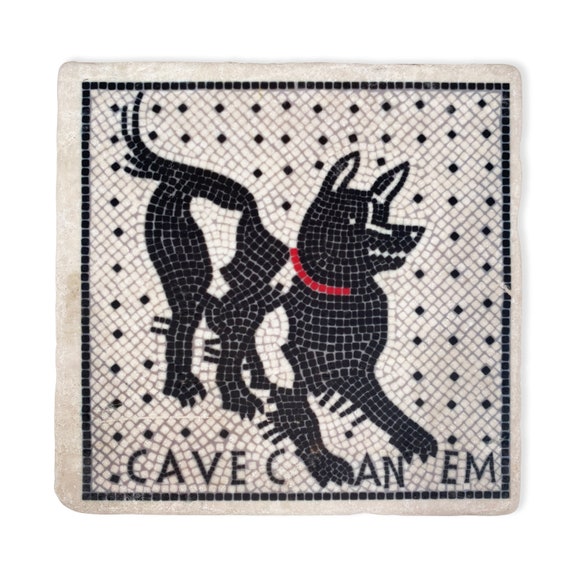 Cave Canem Botticino Marble Tile - Handmade Roman Mosaic Reproduction, “Beware of the Dog” Pompeii Floor Art, Made in Italy Gift Idea