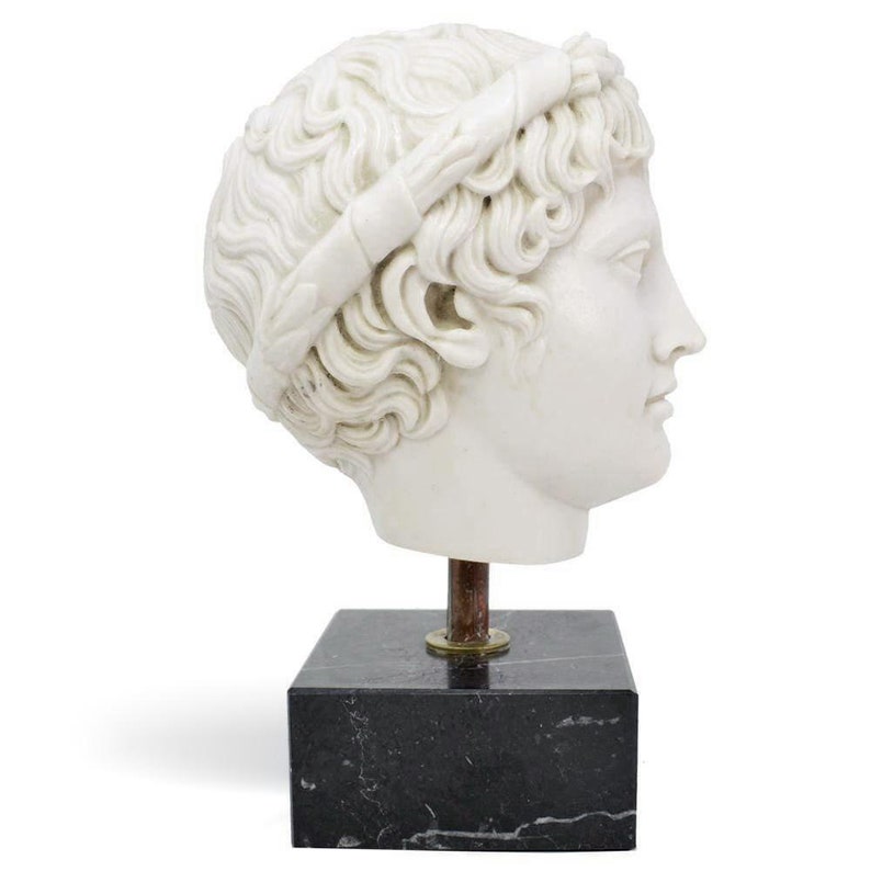 May include: White plaster bust of a man with a laurel wreath on his head, on a black marble base.
