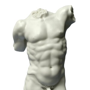 May include: White plaster sculpture of a male torso with a broken arm. The sculpture is detailed with muscle definition and a smooth finish.