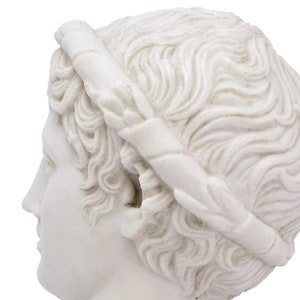 May include: White plaster bust of a person with a laurel wreath on their head. The bust is a profile view of the person's face and head.