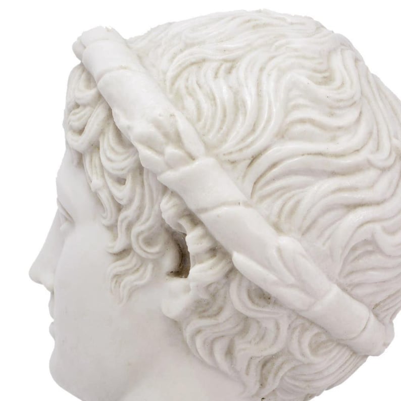 May include: White plaster bust of a person with a laurel wreath on their head. The bust is a profile view of the person's face and head.
