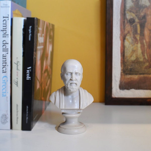 Hippocrates Marble Head, 5,9"H x 3,7"W x 2,7"D inch, Hand patinated statue, Carrara marble cast, made in Italy, gift idea