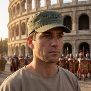 May include: A person wearing an olive green cap with the text "VENI VIDI VICI" stands in front of the Colosseum. The person is wearing a tan tunic. Roman soldiers are visible in the background.