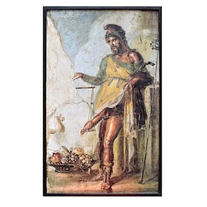 May include: A painting of a man in a yellow and green robe, holding a staff. He is standing in front of a white wall with a scale hanging from it. There are fruits in a basket at his feet.