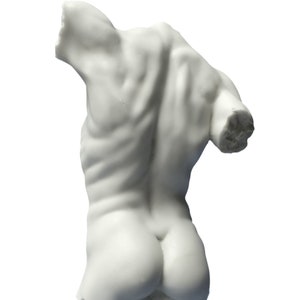 May include: White plaster sculpture of a male torso, viewed from the back. The sculpture is missing the head and arms, but the back muscles are visible.