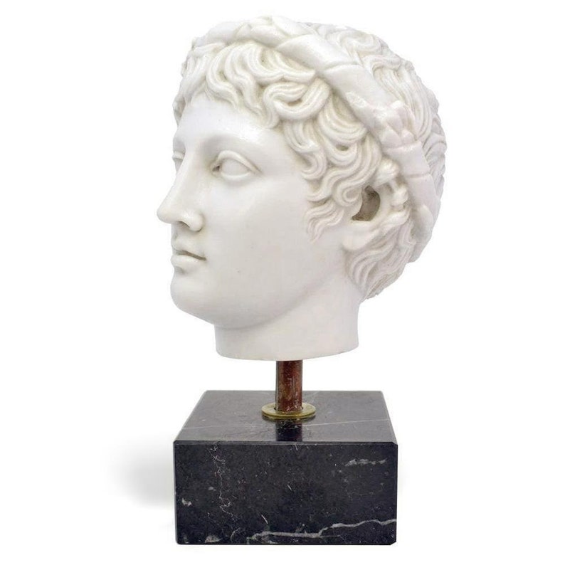 May include: White plaster bust of a young man with a laurel wreath on his head, mounted on a black marble base.