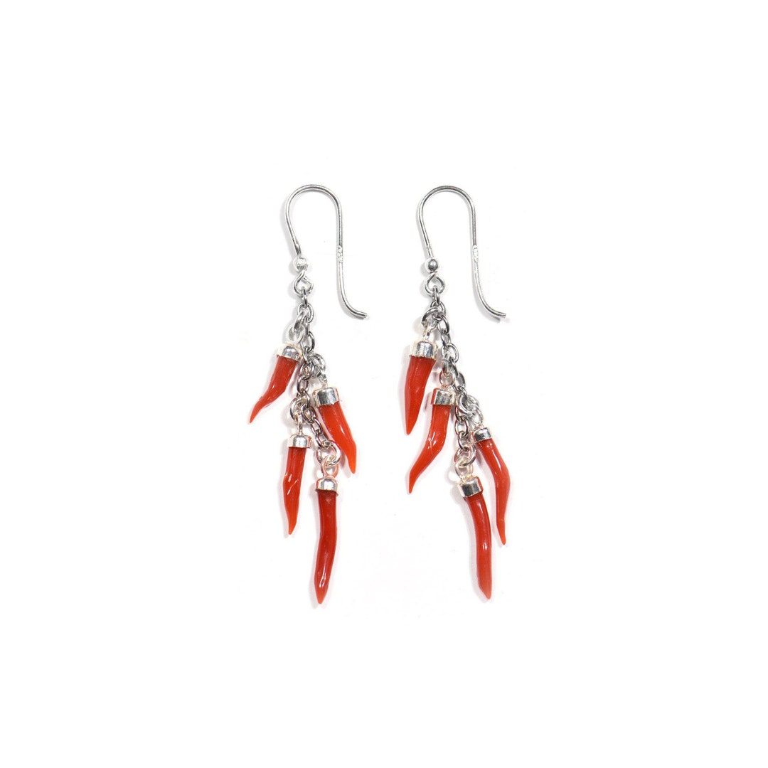 Lucky Horn, Red Coral and 925 Silver Earrings 2.7 Inch, Handmade in