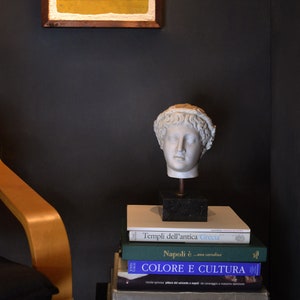 May include: A white plaster bust of a man with a laurel wreath on his head, sitting on a stack of books. The books have titles in Italian, including "Templi dell'antica Grecia" and "Napoli &egrave;... una cartolina".