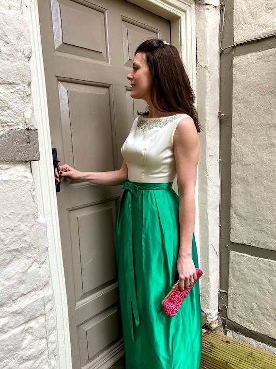1960s green and ivory satin dress