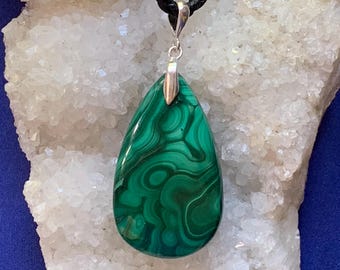 Genuine malachite necklace on a black cord with a sterling silver clasp for a man or a woman, large size