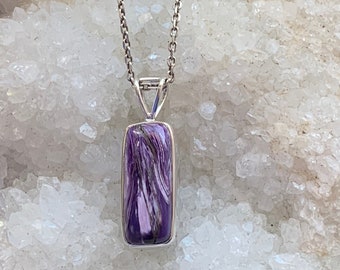 Charoite pendant set with sterling silver, small rectangular shape