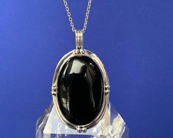 Large black obsidian and sterling silver pendant, for a man or a woman