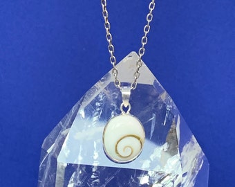 Oval Shiva eye pendant set with sterling, silver Santa Lucia eye, Corsica Sea shell